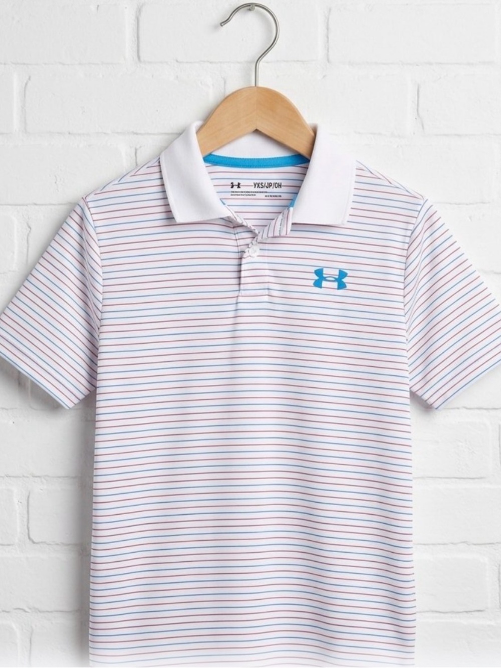 Under Armour Boy’s White Golf Polo with Blue and Red Stripes, Small